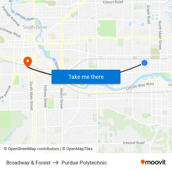 Broadway & Forest to Purdue Polytechnic map