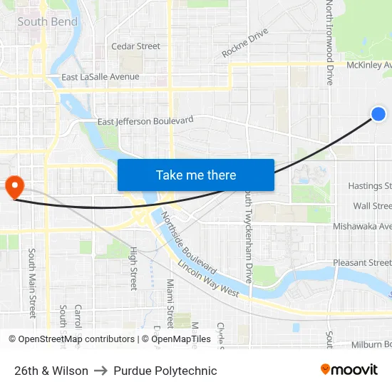 26th & Wilson to Purdue Polytechnic map