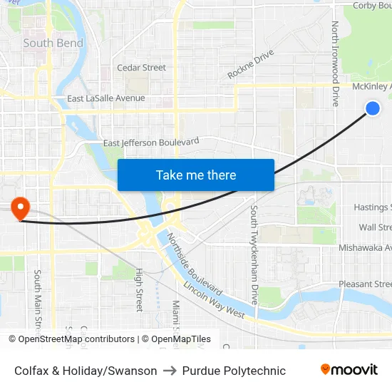 Colfax & Holiday/Swanson to Purdue Polytechnic map