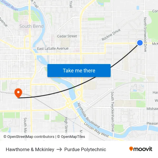 Hawthorne & Mckinley to Purdue Polytechnic map