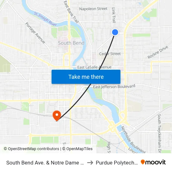 South Bend Ave. & Notre Dame Ave. to Purdue Polytechnic map