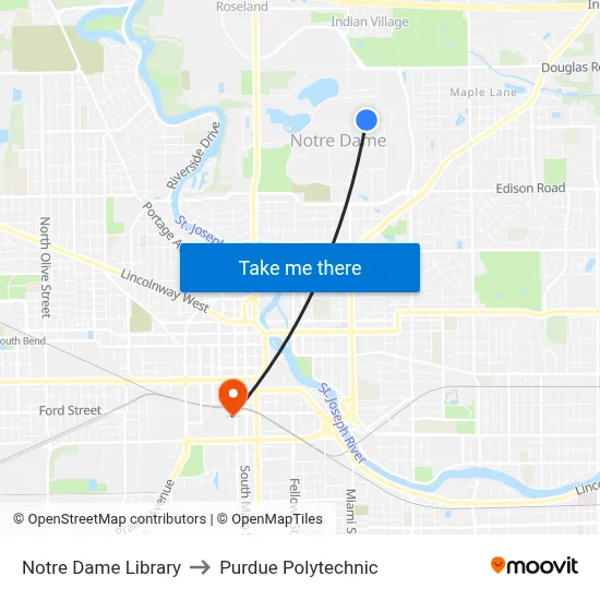 Notre Dame Library to Purdue Polytechnic map