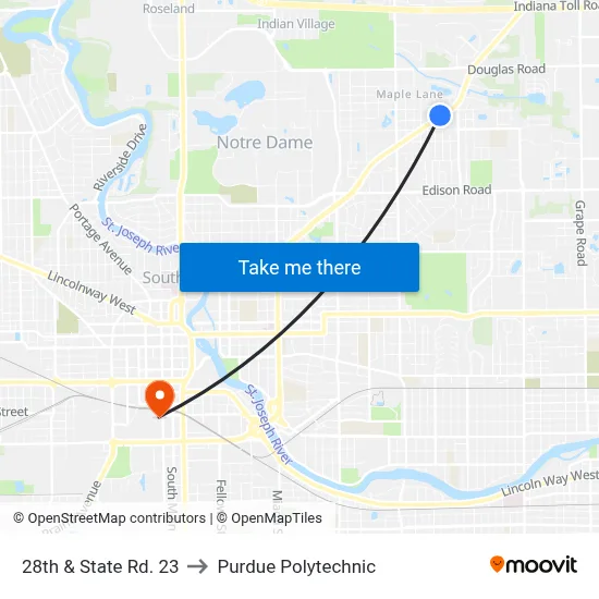 28th & State Rd. 23 to Purdue Polytechnic map