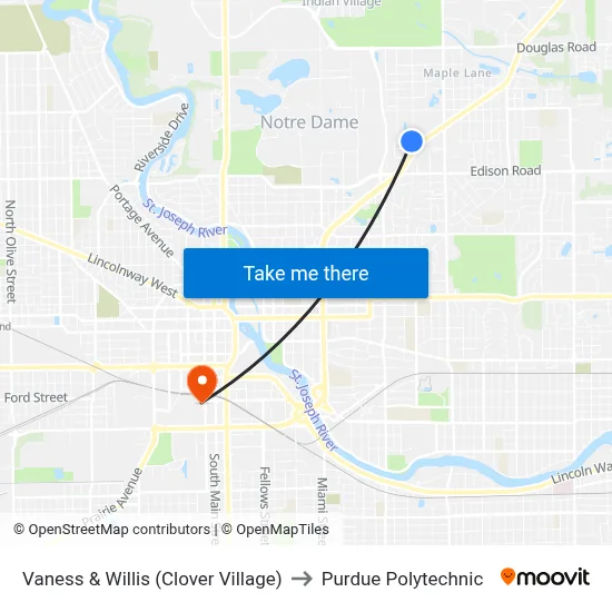 Vaness & Willis (Clover Village) to Purdue Polytechnic map