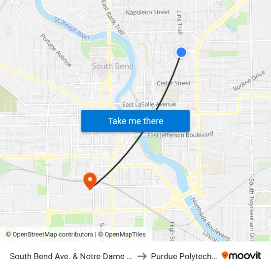 South Bend Ave. & Notre Dame Ave. to Purdue Polytechnic map