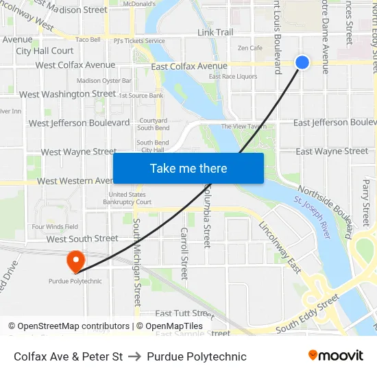 Colfax Ave & Peter St to Purdue Polytechnic map