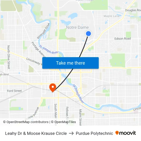 Leahy Dr & Moose Krause Circle to Purdue Polytechnic map