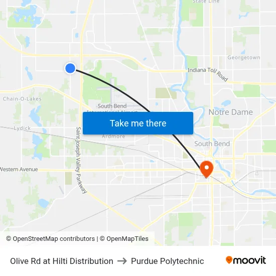 Olive Rd at Hilti Distribution to Purdue Polytechnic map