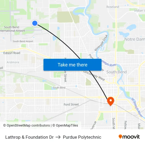 Lathrop & Foundation Dr to Purdue Polytechnic map