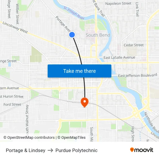 Portage & Lindsey to Purdue Polytechnic map