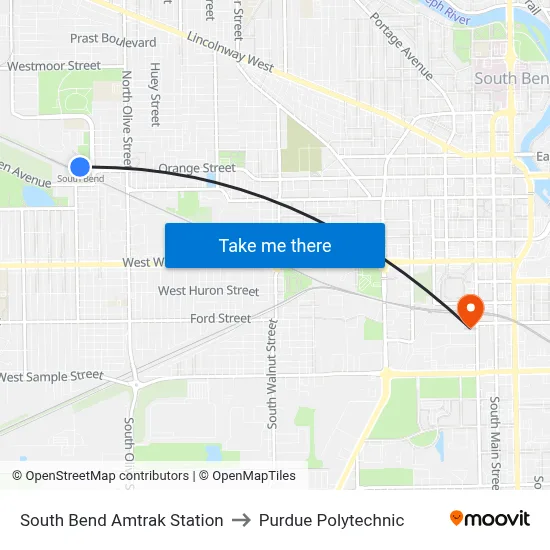 South Bend Amtrak Station to Purdue Polytechnic map