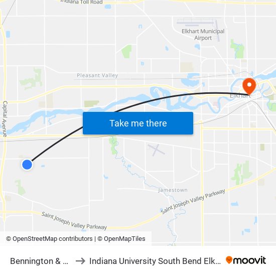 Bennington & Dudley to Indiana University South Bend Elkhart Center map