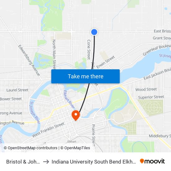 Bristol & Johnson to Indiana University South Bend Elkhart Center map