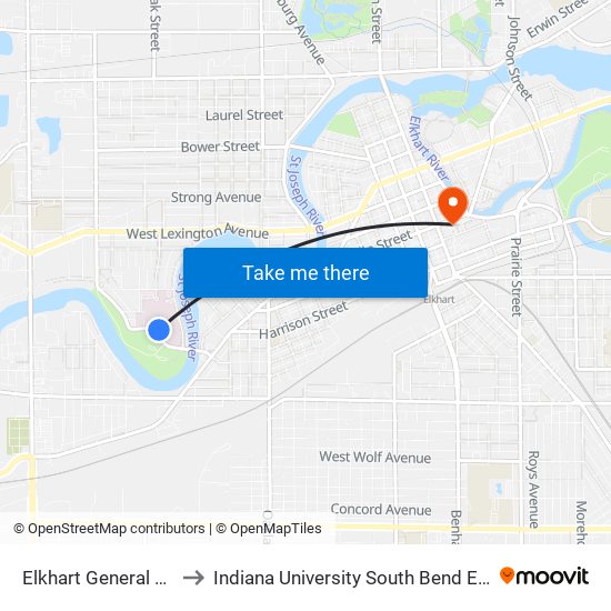 Elkhart General Hospital to Indiana University South Bend Elkhart Center map
