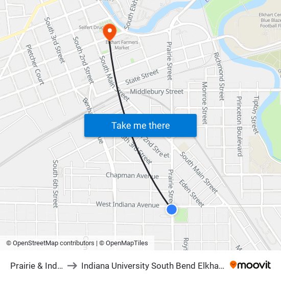 Prairie & Indiana to Indiana University South Bend Elkhart Center map