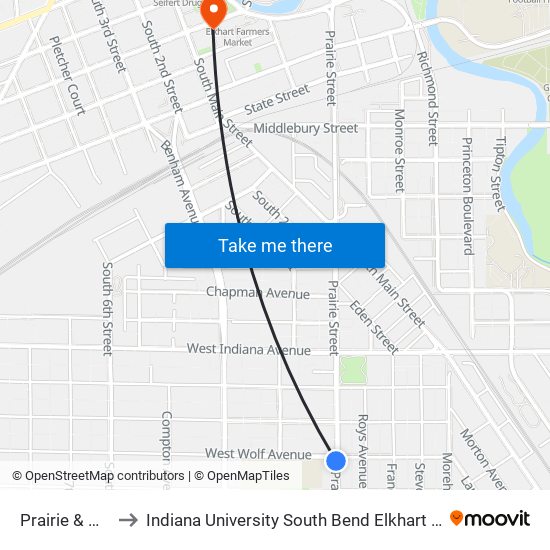 Prairie & Wolf to Indiana University South Bend Elkhart Center map