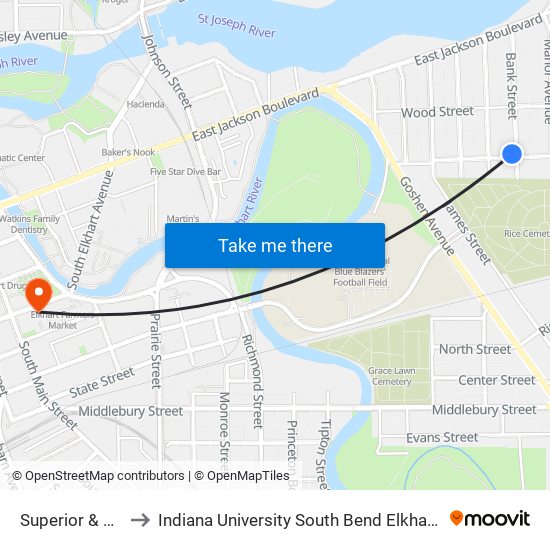 Superior & Bank to Indiana University South Bend Elkhart Center map