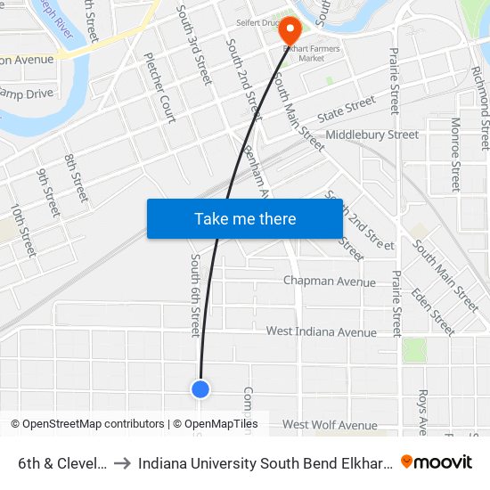 6th & Cleveland to Indiana University South Bend Elkhart Center map