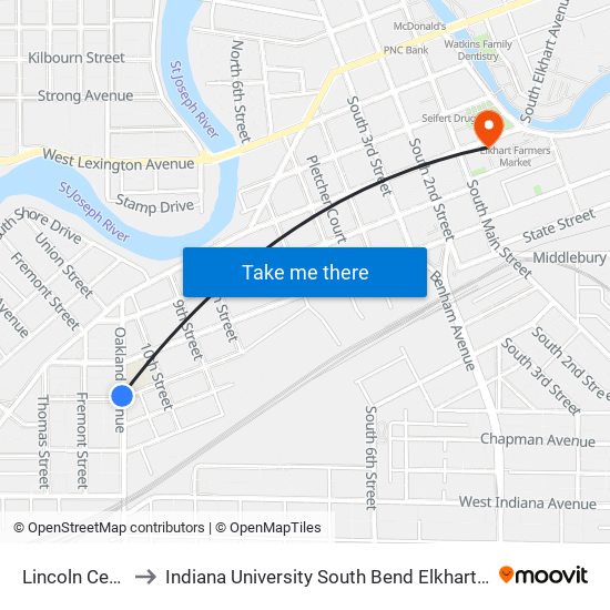 Lincoln Center to Indiana University South Bend Elkhart Center map