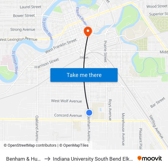 Benham & Hubbard to Indiana University South Bend Elkhart Center map