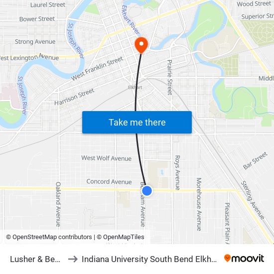 Lusher & Benham to Indiana University South Bend Elkhart Center map