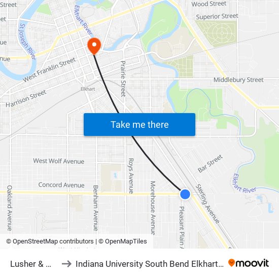 Lusher & Main to Indiana University South Bend Elkhart Center map