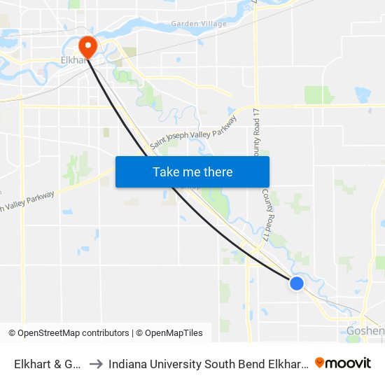 Elkhart & Green to Indiana University South Bend Elkhart Center map