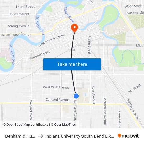 Benham & Hubbard to Indiana University South Bend Elkhart Center map