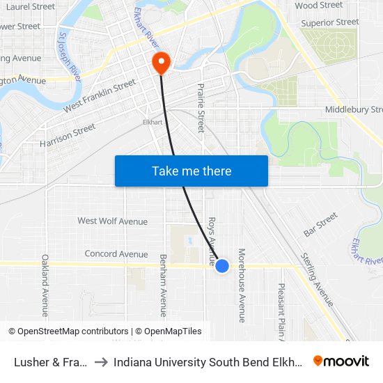 Lusher & Frances to Indiana University South Bend Elkhart Center map