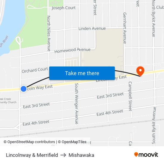 Lincolnway & Merrifield to Mishawaka map