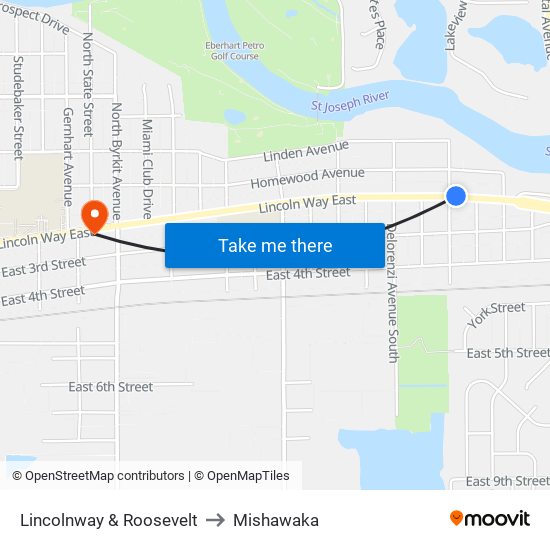 Lincolnway & Roosevelt to Mishawaka map