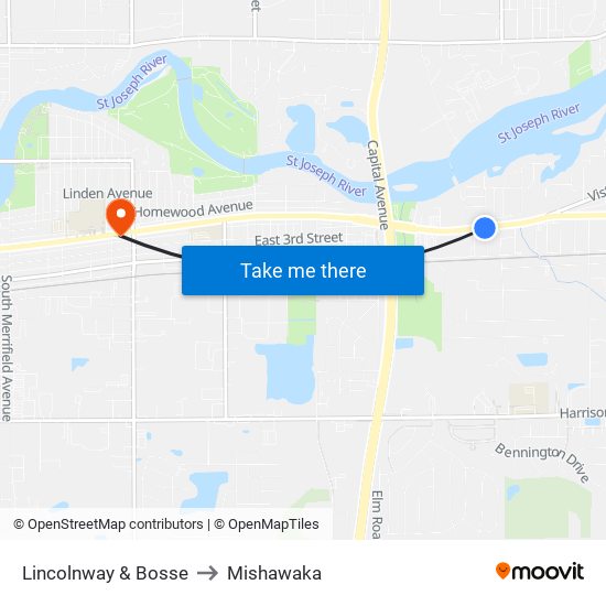 Lincolnway & Bosse to Mishawaka map