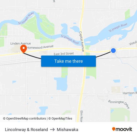 Lincolnway & Roseland to Mishawaka map