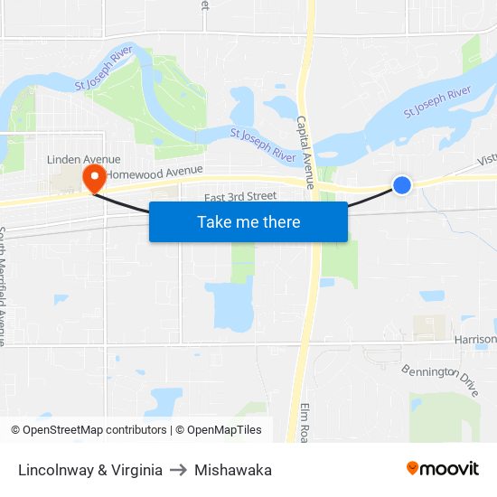 Lincolnway & Virginia to Mishawaka map