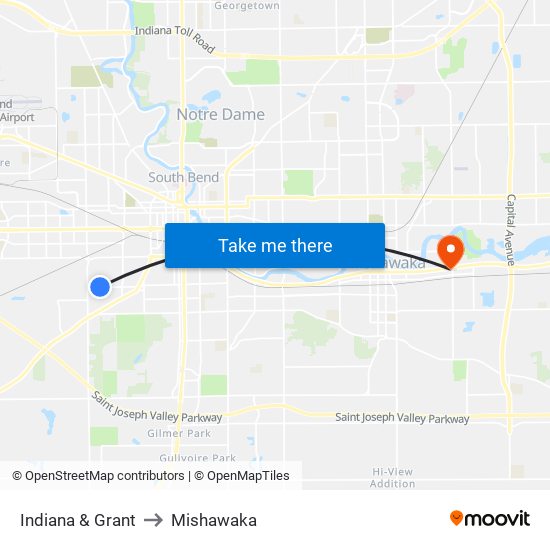Indiana & Grant to Mishawaka map