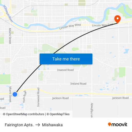 Fairington Apts. to Mishawaka map