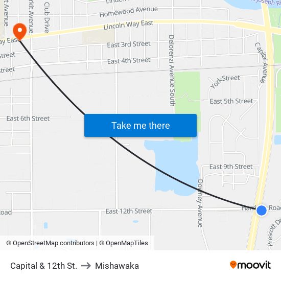 Capital & 12th St. to Mishawaka map