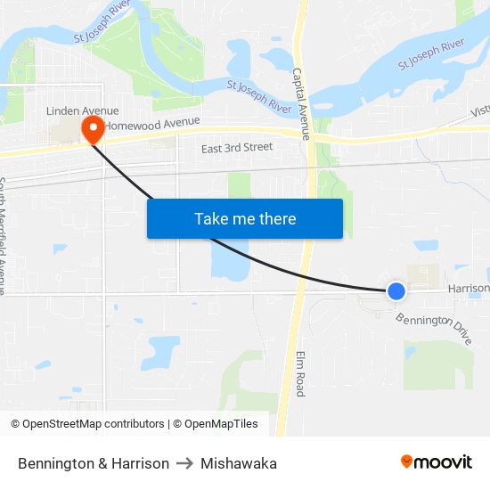Bennington & Harrison to Mishawaka map
