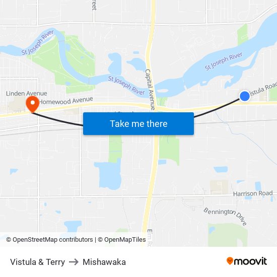 Vistula & Terry to Mishawaka map