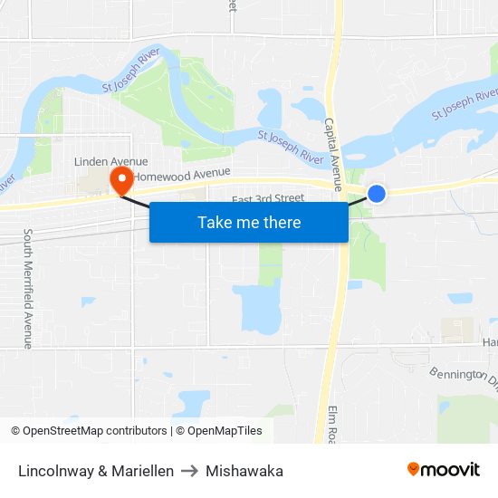 Lincolnway & Mariellen to Mishawaka map