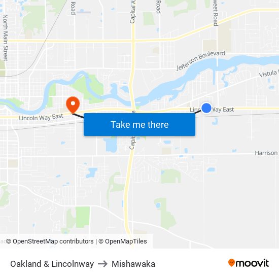 Oakland & Lincolnway to Mishawaka map