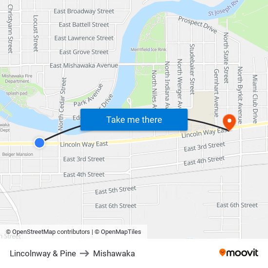 Lincolnway & Pine to Mishawaka map