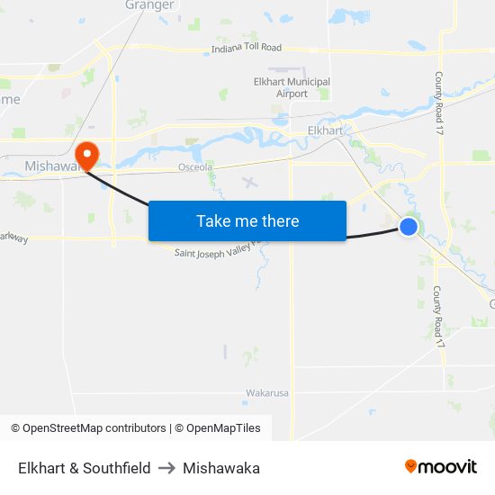 Elkhart & Southfield to Mishawaka map