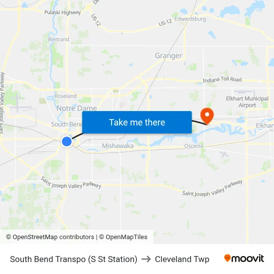 South Bend Transpo (S St Station) to Cleveland Twp map