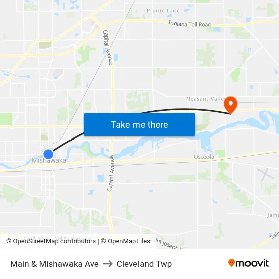 Main & Mishawaka Ave to Cleveland Twp map