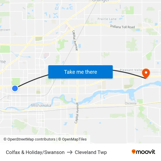 Colfax & Holiday/Swanson to Cleveland Twp map