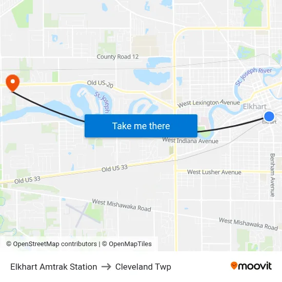 Elkhart Amtrak Station to Cleveland Twp map