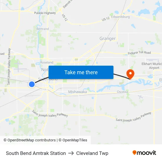 South Bend Amtrak Station to Cleveland Twp map