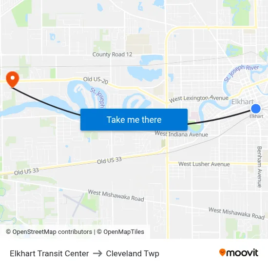 Elkhart Transit Center to Cleveland Twp map