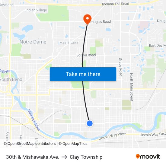 30th & Mishawaka Ave. to Clay Township map